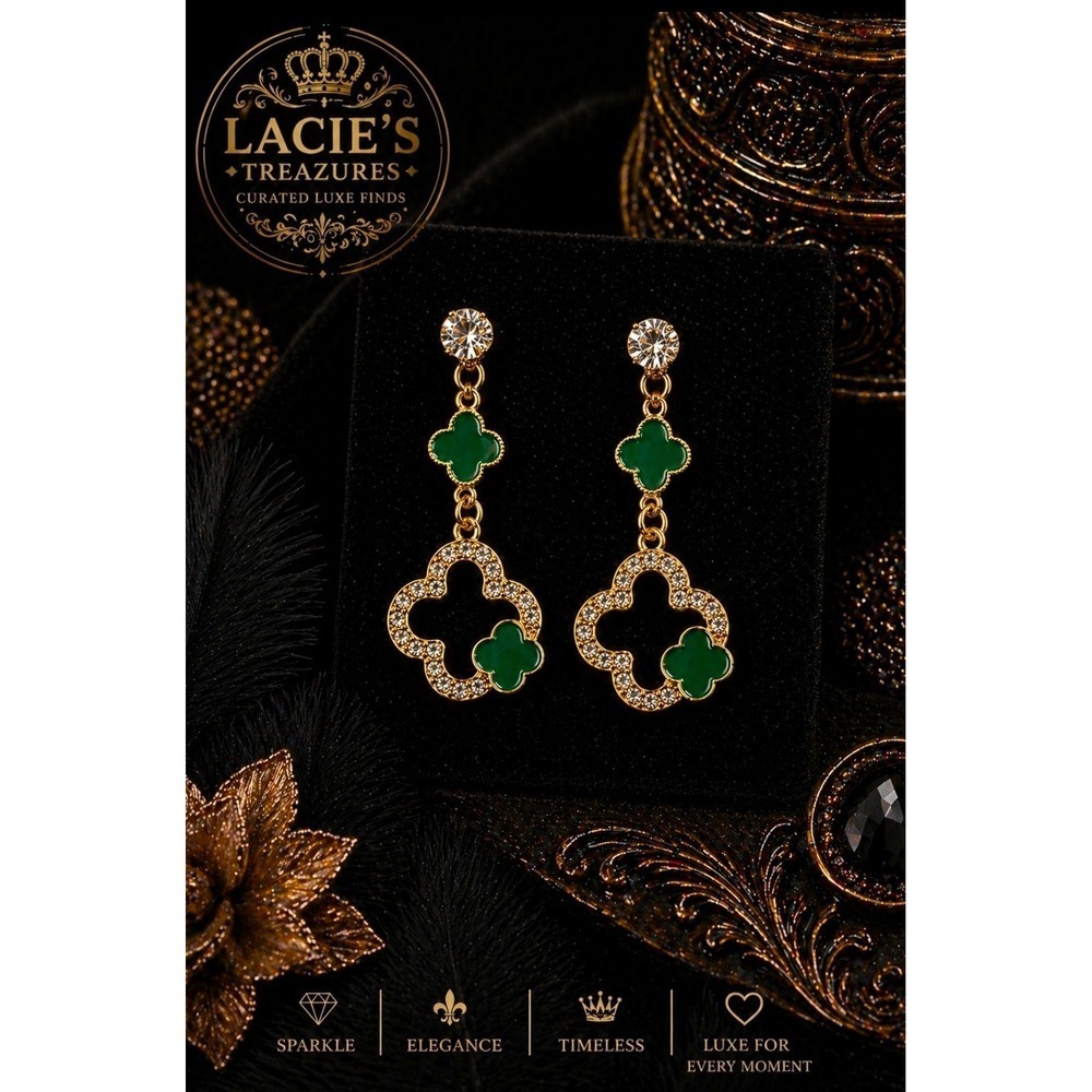 Green Clover Rhinestone Drop Earrings | Gold Tone Glam Luxe Dangle Earrings - Picture 1 of 2